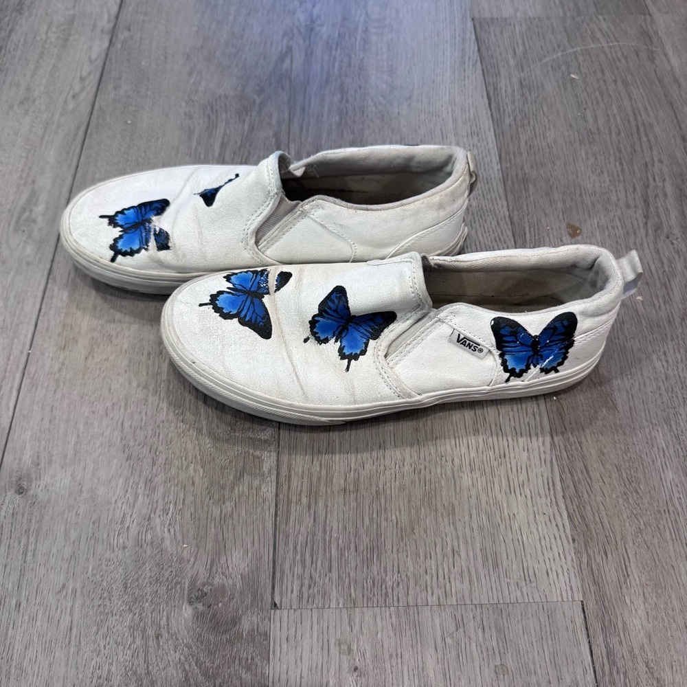 Blue Butterfly White Slip On Vans - Custom Painted Vans Shoes Youth Size 5 - Picture 2 of 9